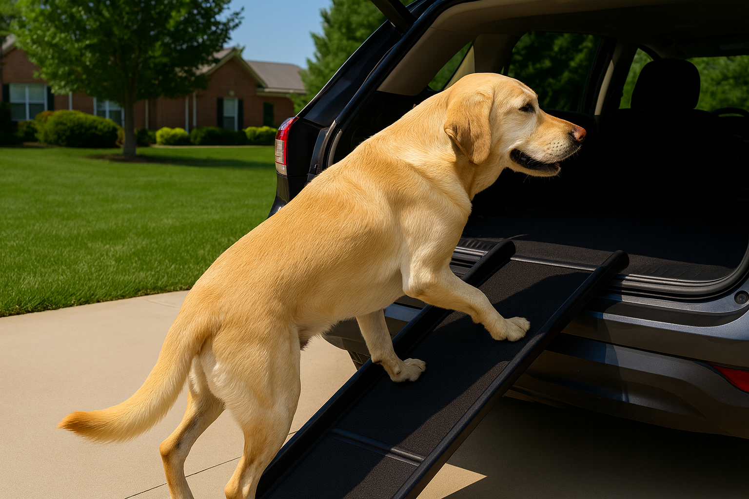 A golden Labrador climbs a PetSafe folding dog ramp into the back of a gray SUV in a suburban driveway.