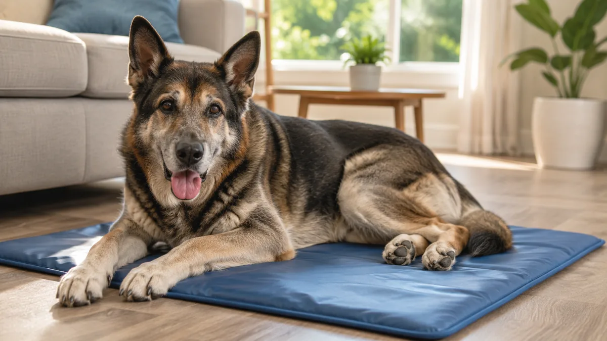 Senior dog resting comfortably on a cooling mat during hot weather