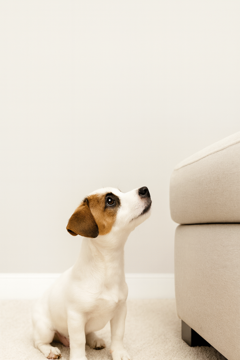 Small dog deciding dog ramp vs stairs
