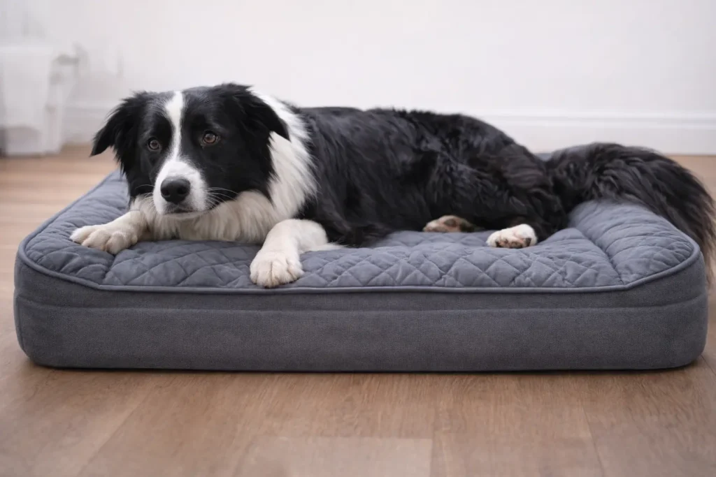 Border Collie resting on an orthopedic dog bed