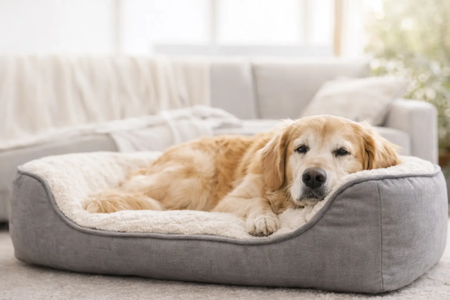 Senior dog resting comfortably on an orthopedic dog bed