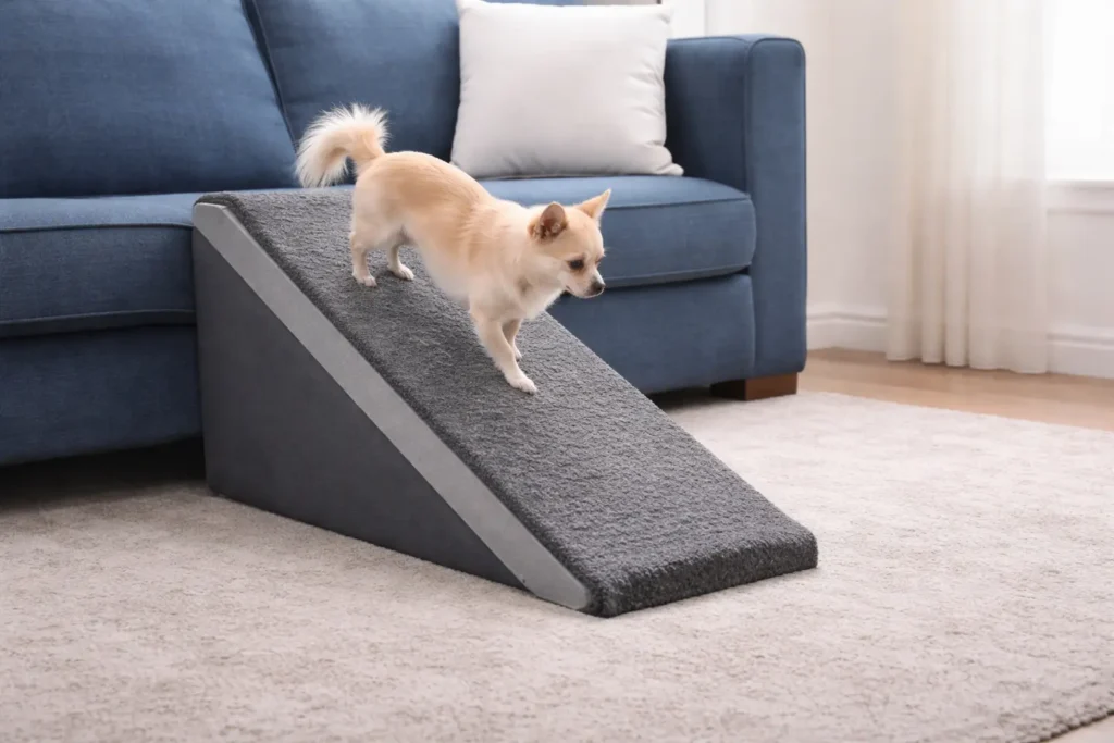 Small dog using a dog ramp to reach a couch safely