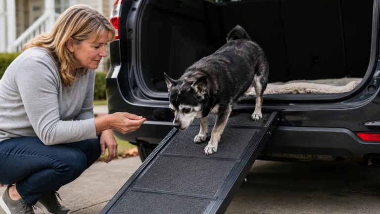 Senior dog learning to use a non-slip ramp safely with help from its owner