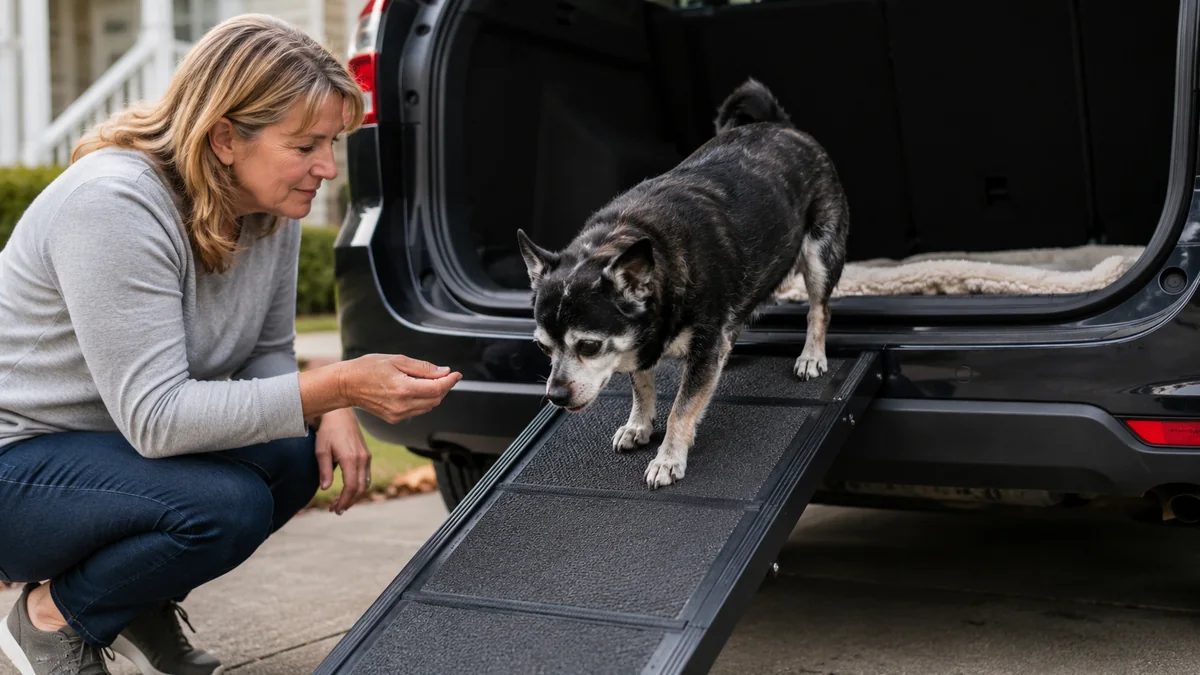 Senior dog learning to use a non-slip ramp safely with help from its owner