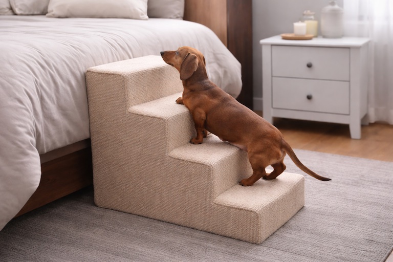 small dog climbing stairs to bed