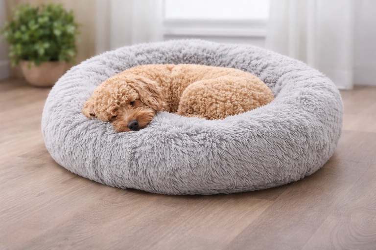 Small dog sleeping in a round calming dog bed