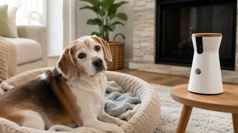 Senior dog resting beside a Furbo 360 Dog Camera in a living room