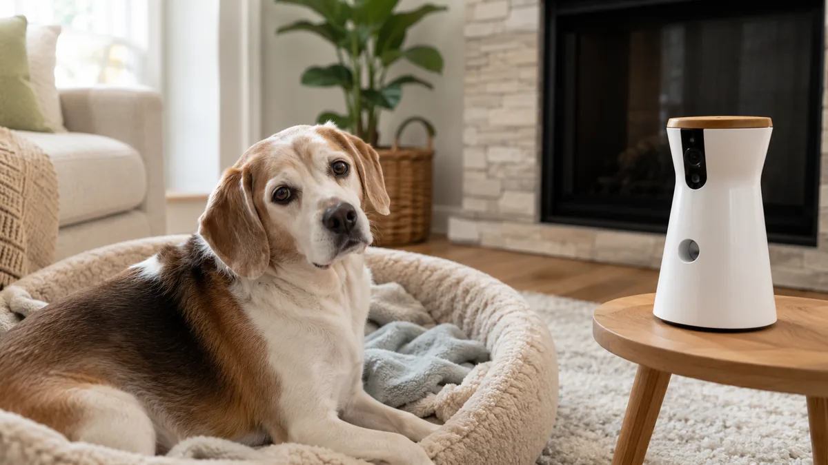 Senior dog resting beside a Furbo 360 Dog Camera in a living room