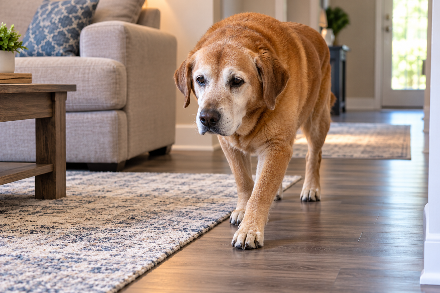 Senior dog walking cautiously on hardwood flooring beside an area rug in a living room